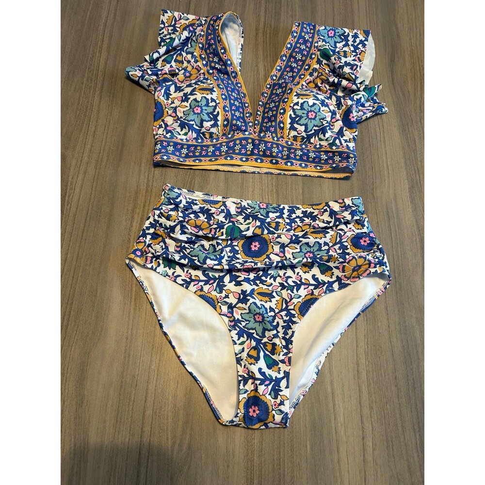 Womens Ruffle High Waist Two Piece Tropical Print Push Up Swimsuit Size Small